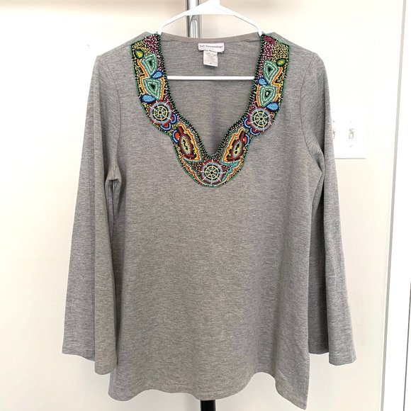 Soft Surroundings Tops - SOFT SURROUNDINGS | Gray Beaded V-Neck Shirt